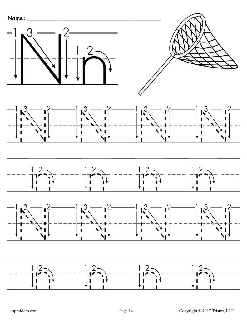 Printable Letter N Tracing Worksheet With Number And Arrow Guides 