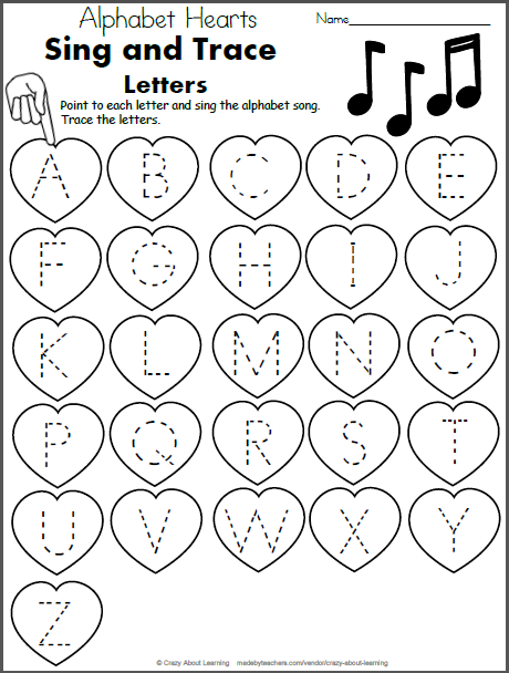 Alphabet Hearts Sing And Trace The Alphabet Valentine Worksheets
