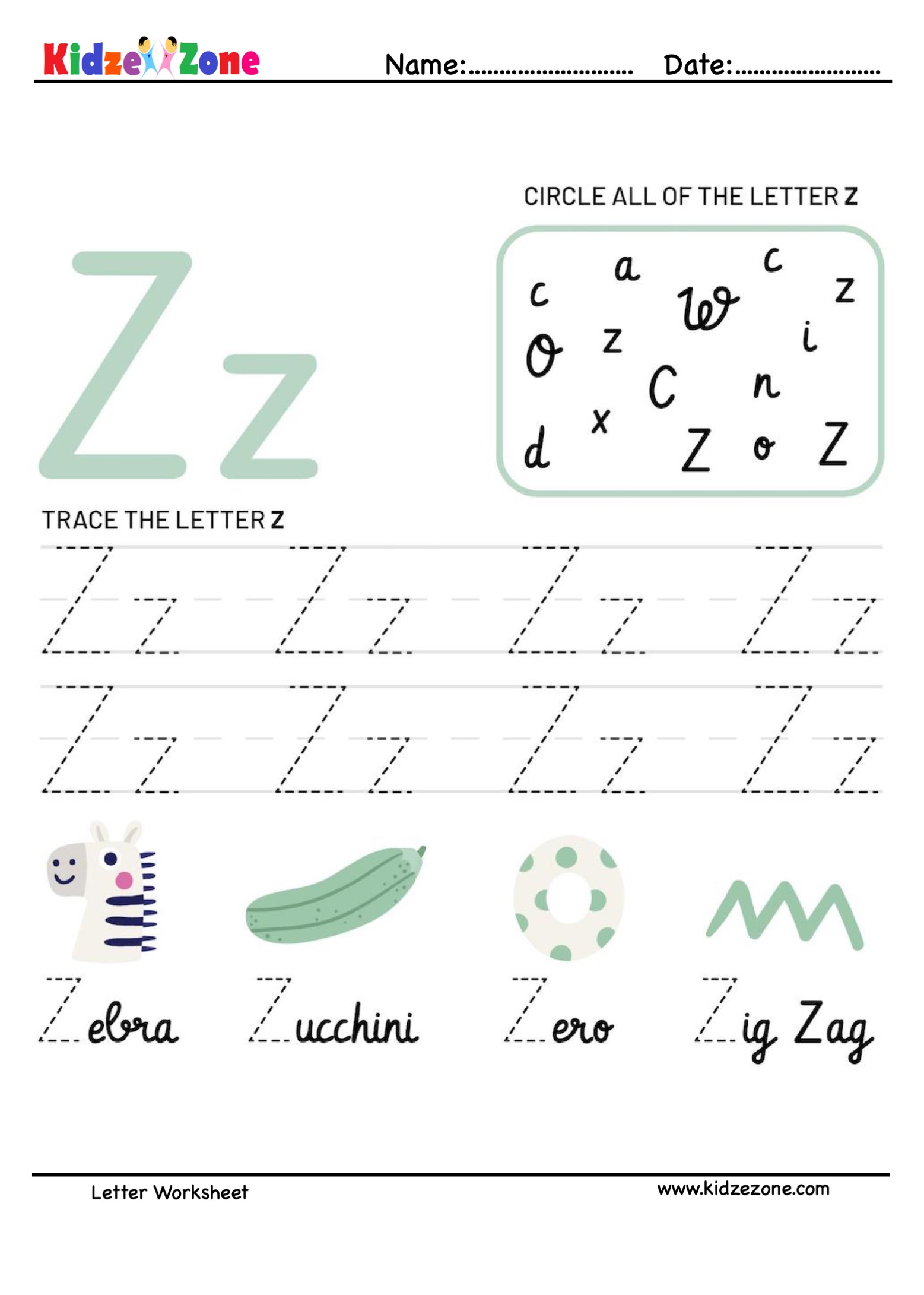 Letter Z Tracing And Fun Worksheet KidzeZone