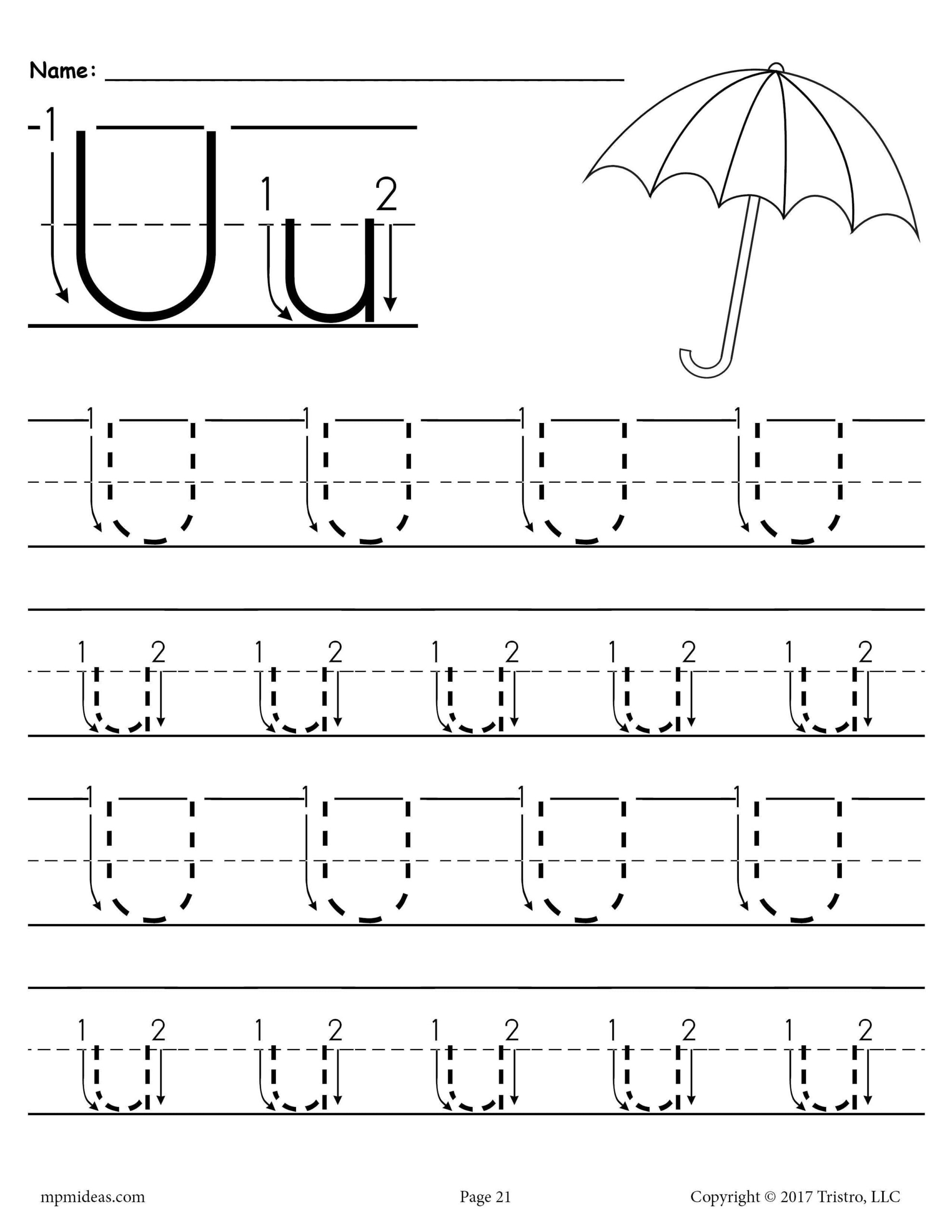 Printable Letter U Tracing Worksheet With Number And Arrow Guides In