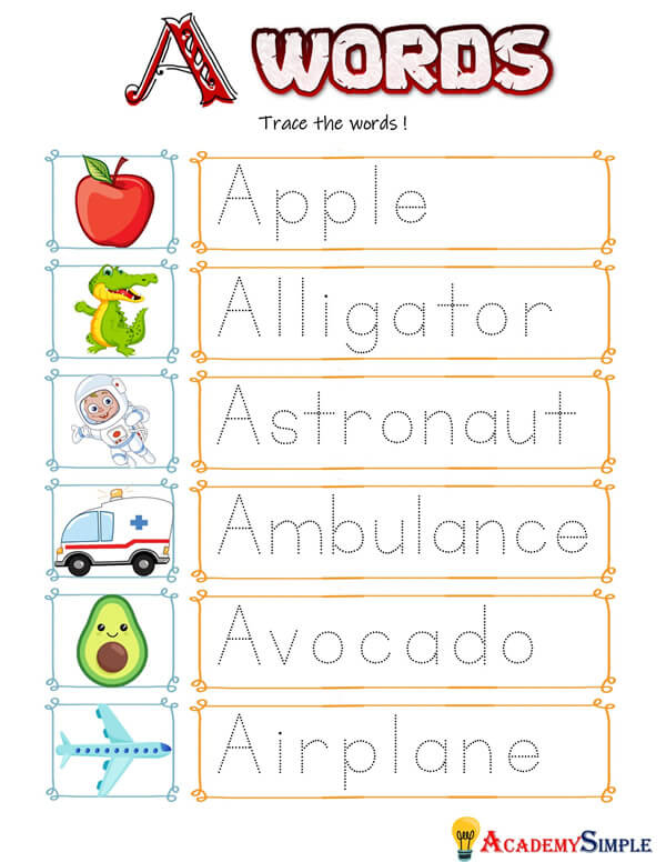 Alphabet Worksheet Tracing Words Letter A Academy Simple