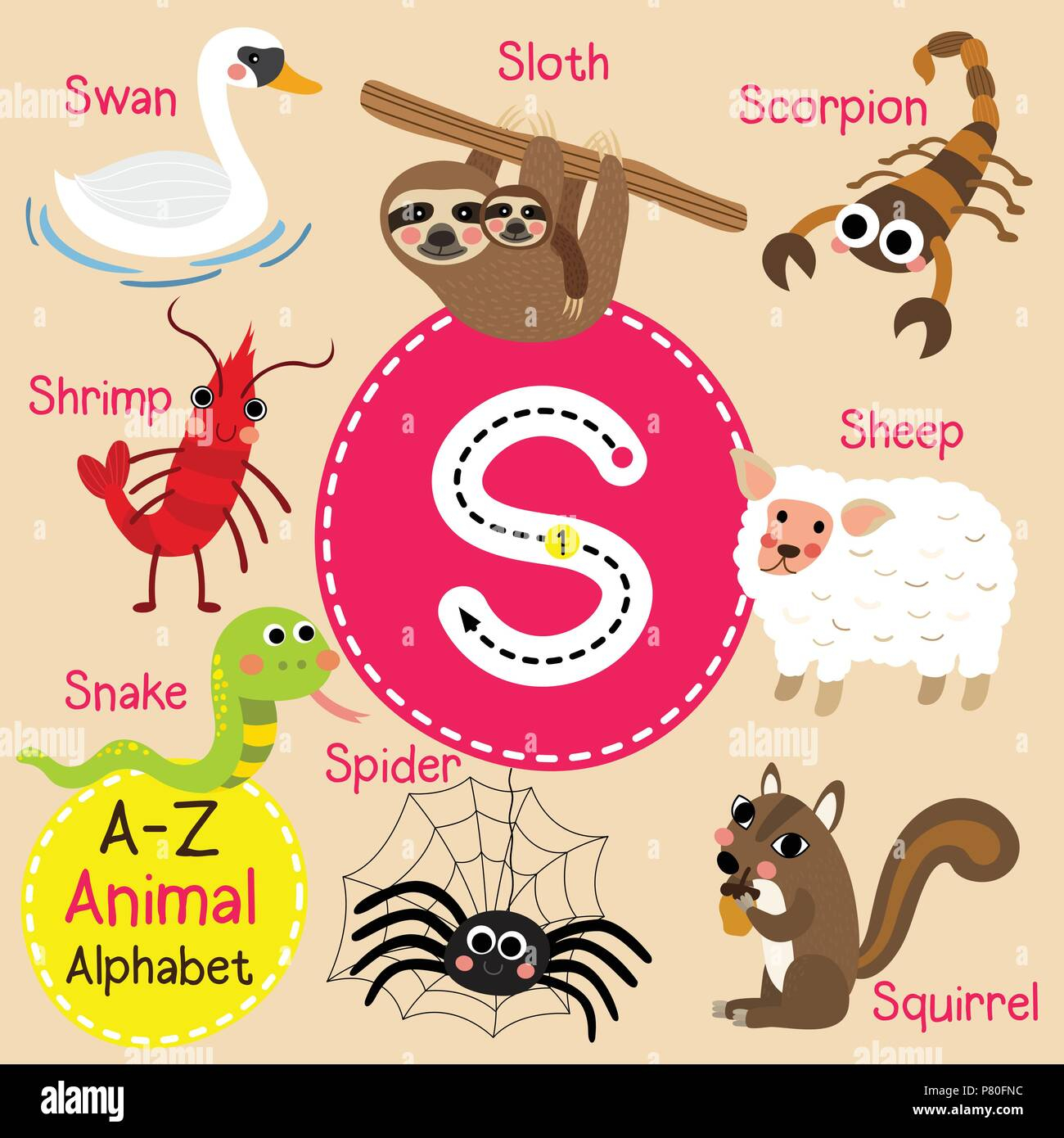 Cute Children Zoo Alphabet S Letter Tracing Of Funny Animal Cartoon For 